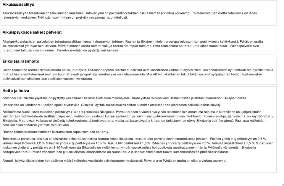 Aikuispsykososiaaliset palvelut Aikuispsykososiaalisten palveluiden toteutuma alittaa hieman talousarvion johtuen Raahen ja Siikajoen mielenterveyspalveluasumisen positiivisesta kehityksestä.