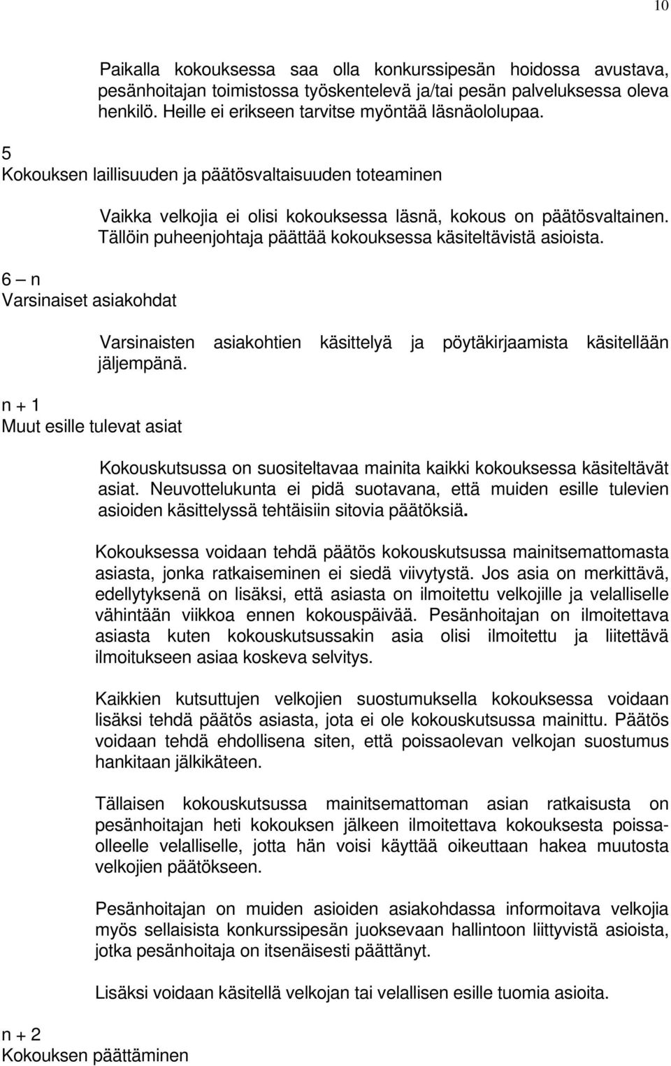 Tällöin puheenjohtaja päättää kokouksessa käsiteltävistä asioista. Varsinaisten asiakohtien käsittelyä ja pöytäkirjaamista käsitellään jäljempänä.