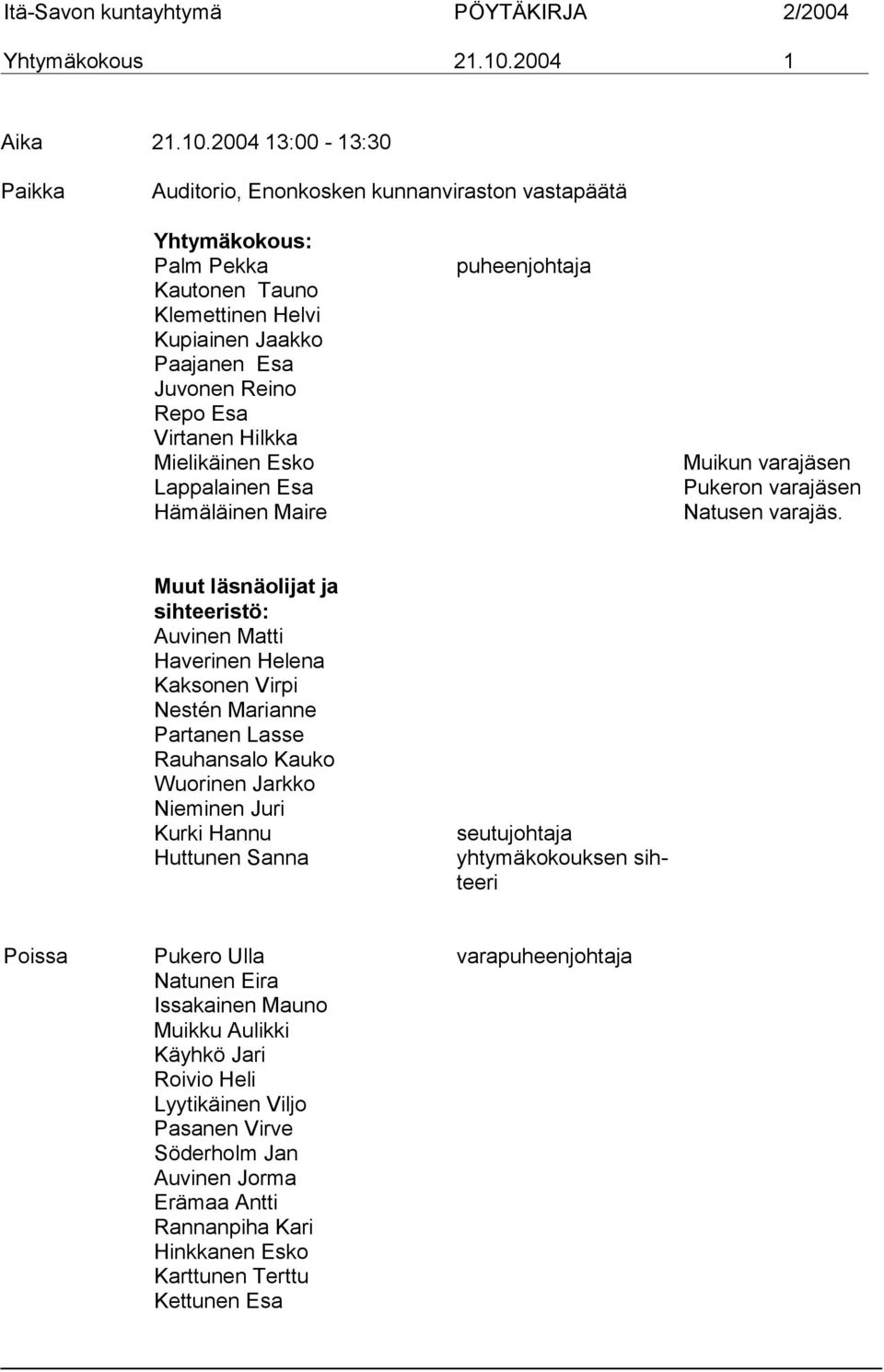 2004 13:00-13:30 Paikka Auditorio, Enonkosken kunnanviraston vastapäätä Yhtymäkokous: Palm Pekka Kautonen Tauno Klemettinen Helvi Kupiainen Jaakko Paajanen Esa Juvonen Reino Repo Esa Virtanen Hilkka