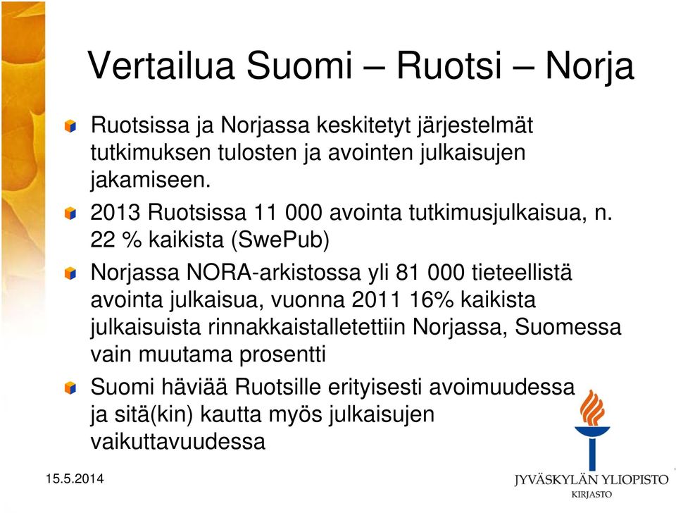 22 % kaikista (SwePub) Norjassa NORA-arkistossa yli 81 000 tieteellistä avointa julkaisua, vuonna 2011 16% kaikista