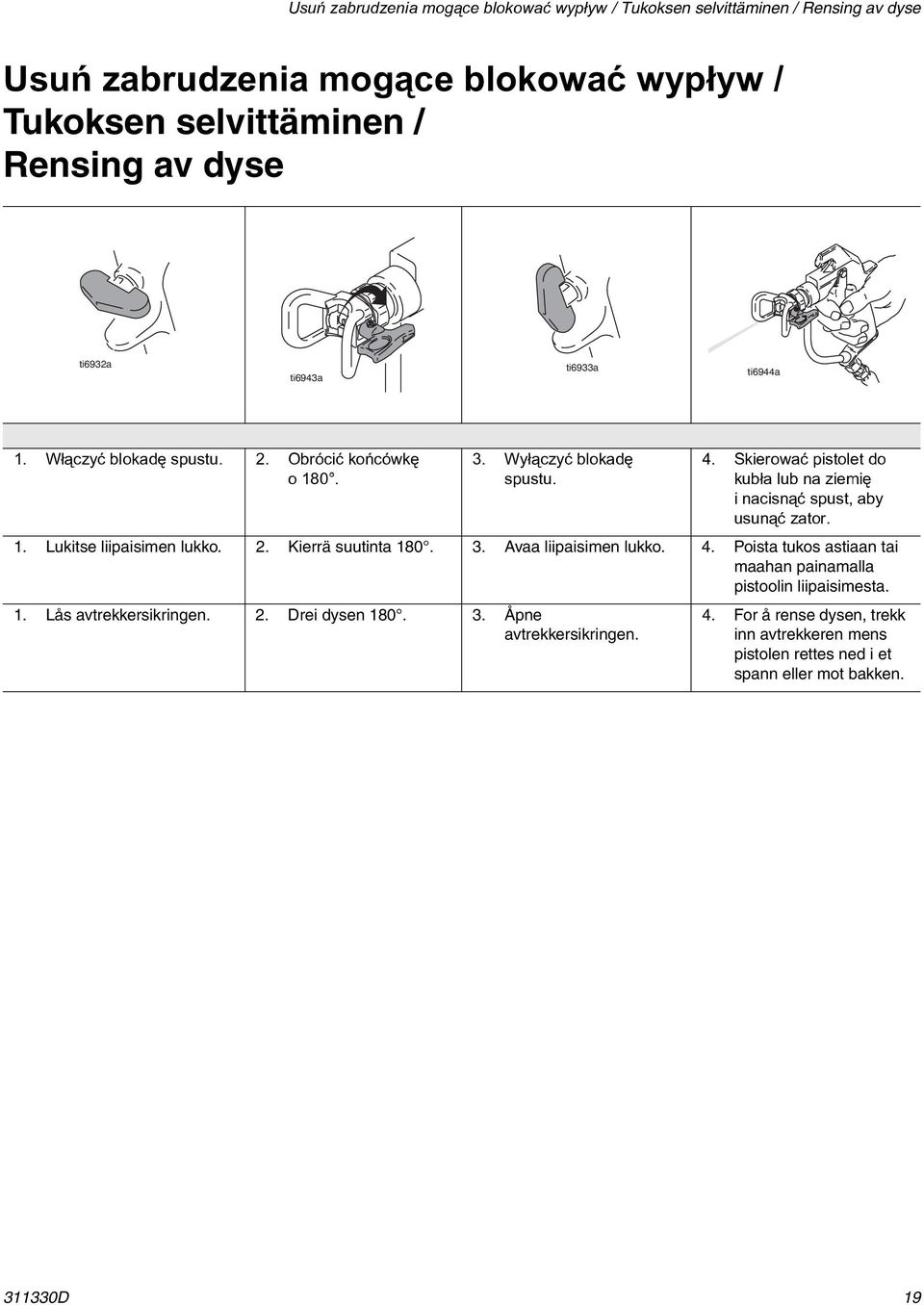 Skierowaæ pistolet do kub³a lub na ziemiê i nacisn¹æ spust, aby usun¹æ zator. 1. Lukitse liipaisimen lukko. 2. Kierrä suutinta 180. 3. Avaa liipaisimen lukko. 4.