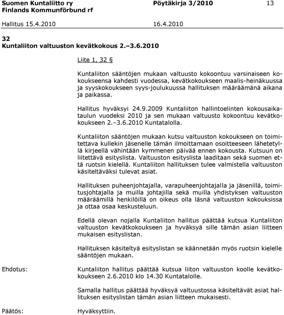 määräämänä aikana ja paikassa. Hallitus hyväksyi 24.9.2009 Kuntaliiton hallintoelinten kokousaikataulun vuodeksi 2010 ja sen mukaan valtuusto kokoontuu kevätkokoukseen 2. 3.6.2010 Kuntatalolla.