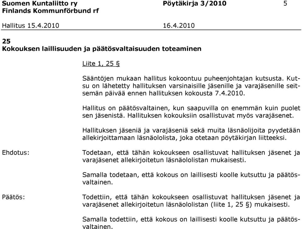 Hallitus on päätösvaltainen, kun saapuvilla on enemmän kuin puolet sen jäsenistä. Hallituksen kokouksiin osallistuvat myös varajäsenet.