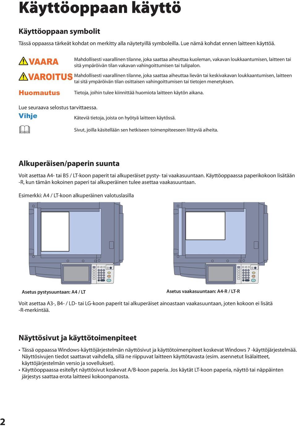 Mahdollisesti vaarallinen tilanne, joka saattaa aiheuttaa lievän tai keskivakavan loukkaantumisen, laitteen VAROITUS tai sitä ympäröivän tilan osittaisen vahingoittumisen tai tietojen menetyksen.