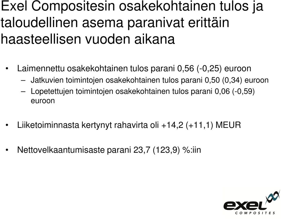 tulos parani 0,50 (0,34) euroon Lopetettujen toimintojen osakekohtainen tulos parani 0,06 (-0,59) euroon