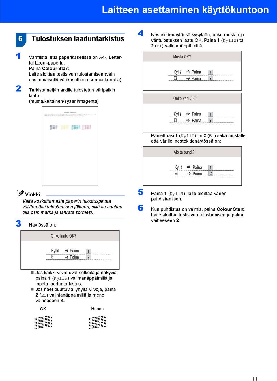 2 Tarkista neljän arkille tulostetun väripalkin laatu. (musta/keltainen/syaani/magenta) Musta OK? Kyllä Ei Paina Paina Onko väri OK?