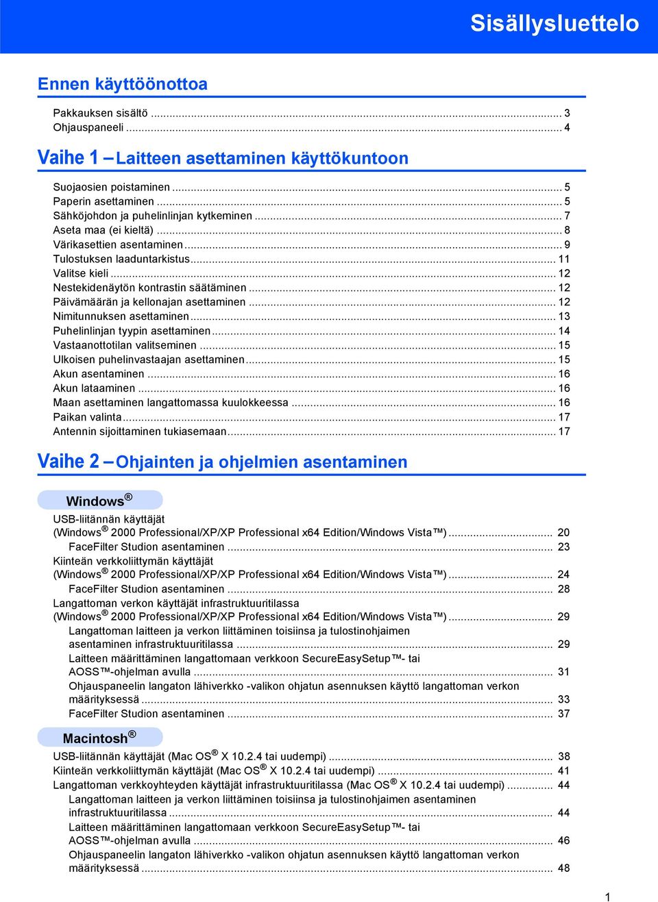 .. 12 Päivämäärän ja kellonajan asettaminen... 12 Nimitunnuksen asettaminen... 13 Puhelinlinjan tyypin asettaminen... 14 Vastaanottotilan valitseminen... 15 Ulkoisen puhelinvastaajan asettaminen.