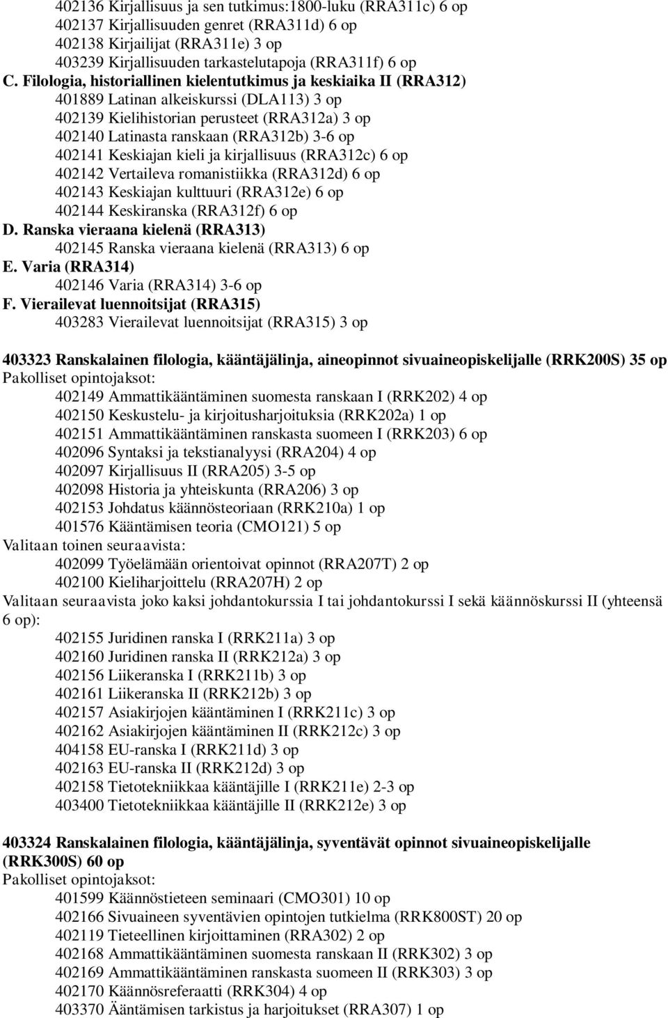 (RRA312c) 6 op 402142 Vertaileva romanistiikka (RRA312d) 6 op 402143 Keskiajan kulttuuri (RRA312e) 6 op 402144 Keskiranska (RRA312f) 6 op D.