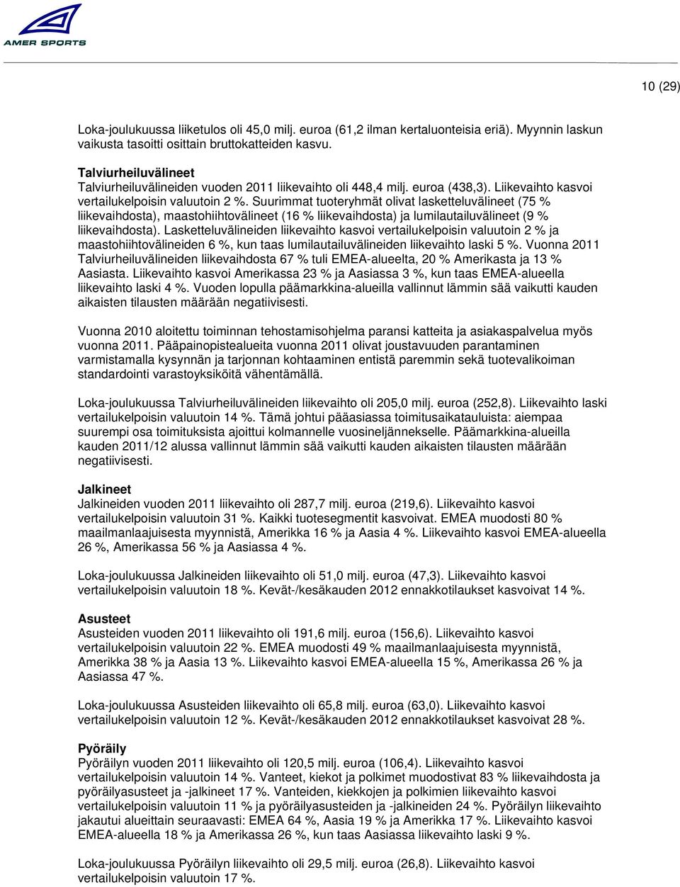 Suurimmat tuoteryhmät olivat lasketteluvälineet (75 liikevaihdosta), maastohiihtovälineet (16 liikevaihdosta) ja lumilautailuvälineet (9 liikevaihdosta).