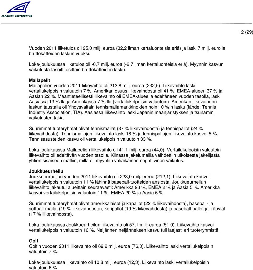 Liikevaihto laski vertailukelpoisin valuutoin 7. Amerikan osuus liikevaihdosta oli 41, EMEA-alueen 37 ja Aasian 22.