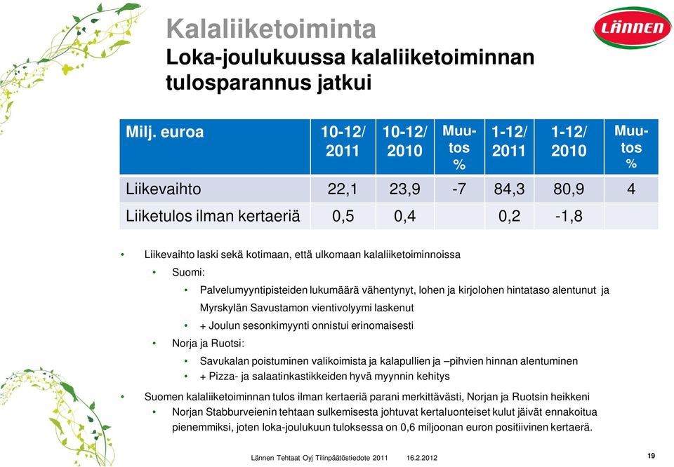 kalaliiketoiminnoissa Suomi: Palvelumyyntipisteiden lukumäärä vähentynyt, lohen ja kirjolohen hintataso alentunut ja Myrskylän Savustamon vientivolyymi laskenut + Joulun sesonkimyynti onnistui