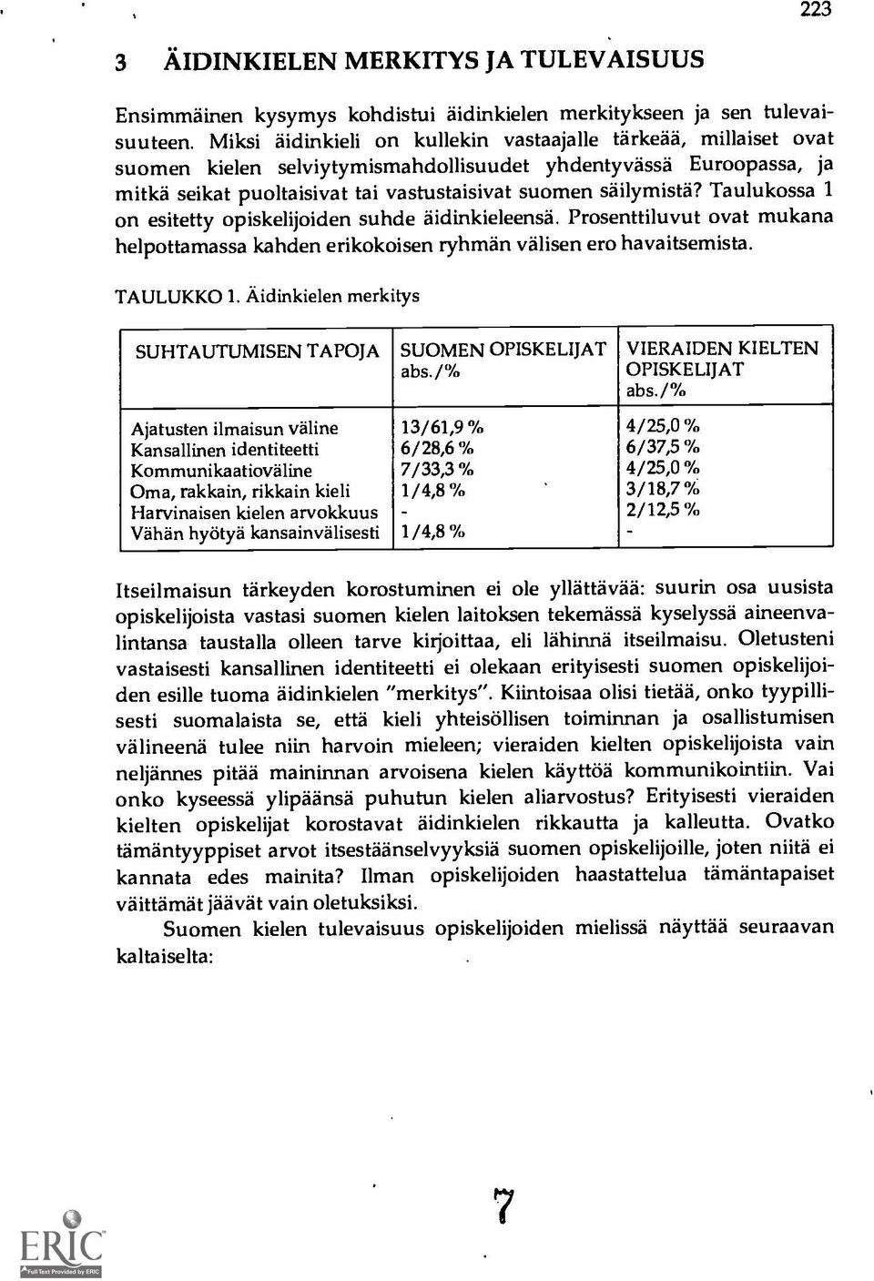 Taulukossa 1 on esitetty opiskelijoiden suhde aidinkieleensä. Prosenttiluvut ovat mukana helpottamassa kahden erikokoisen ryhman välisen ero havaitsemista. TAULUKKO 1.