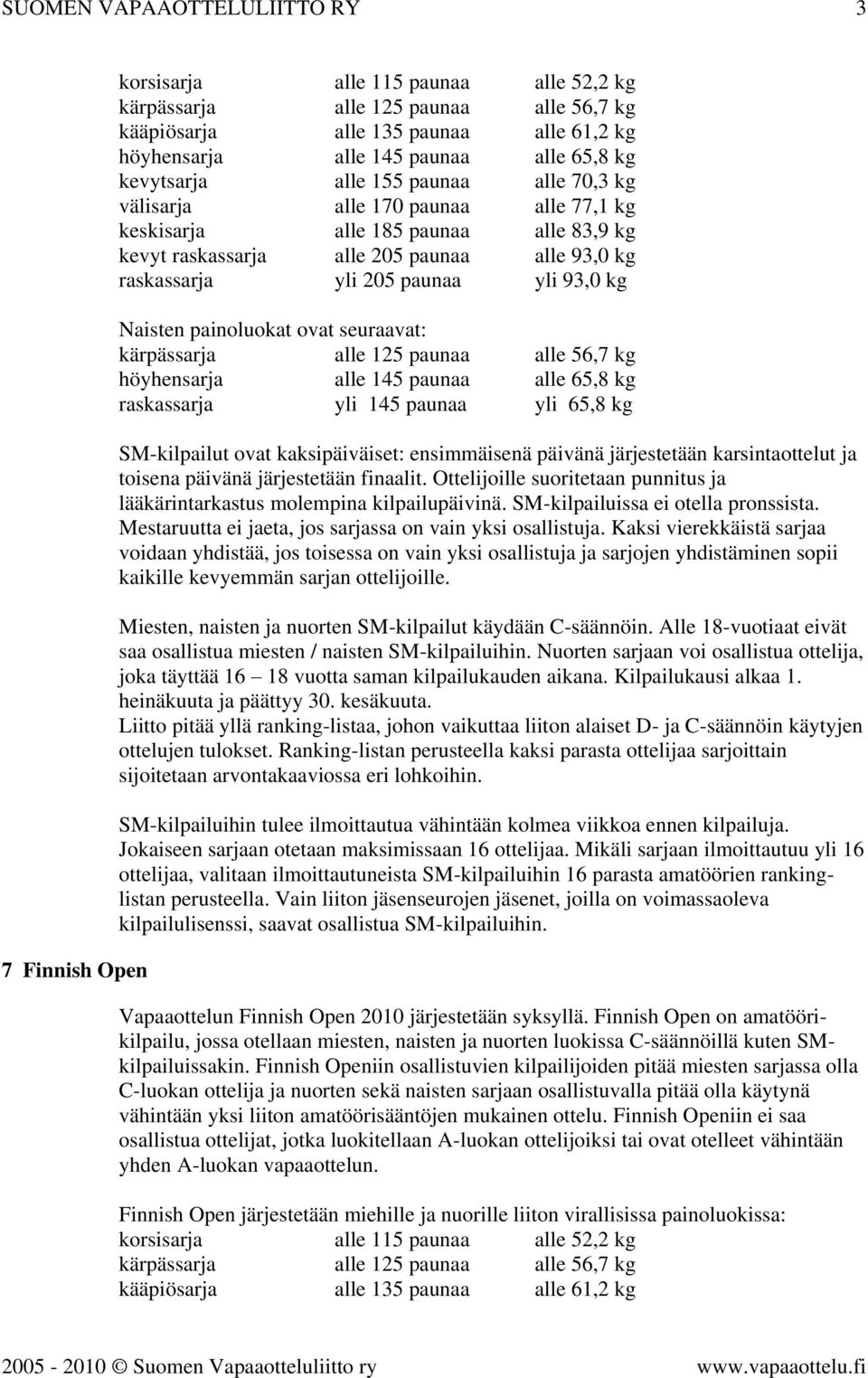 paunaa yli 93,0 kg Naisten painoluokat ovat seuraavat: kärpässarja alle 125 paunaa alle 56,7 kg höyhensarja alle 145 paunaa alle 65,8 kg raskassarja yli 145 paunaa yli 65,8 kg SM-kilpailut ovat