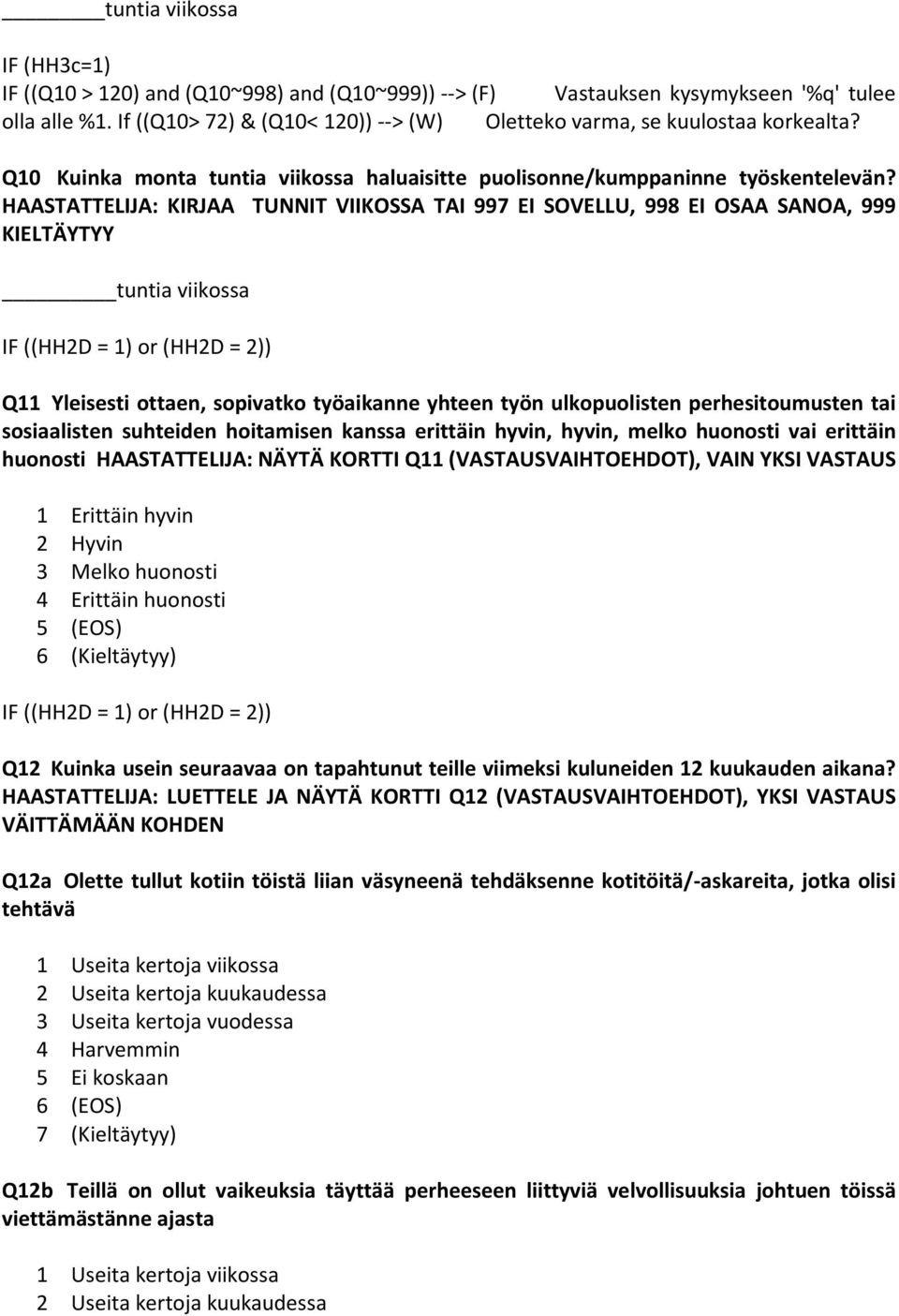 HAASTATTELIJA: KIRJAA TUNNIT VIIKOSSA TAI 997 EI SOVELLU, 998 EI OSAA SANOA, 999 KIELTÄYTYY tuntia viikossa IF ((HH2D = 1) or (HH2D = 2)) Q11 Yleisesti ottaen, sopivatko työaikanne yhteen työn