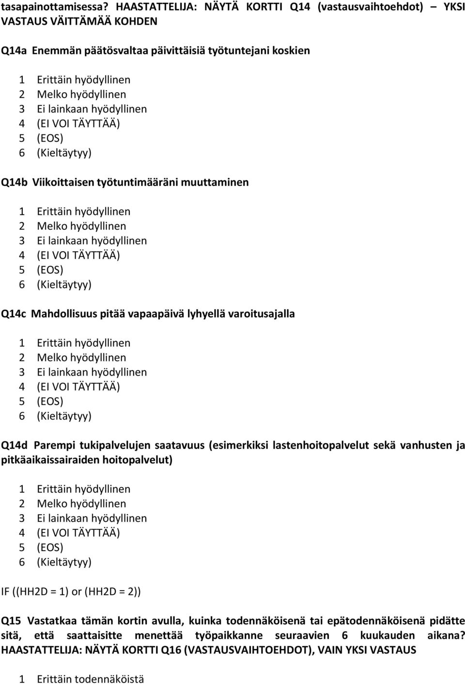 hyödyllinen 4 (EI VOI TÄYTTÄÄ) 6 (Kieltäytyy) Q14b Viikoittaisen työtuntimääräni muuttaminen 1 Erittäin hyödyllinen 2 Melko hyödyllinen 3 Ei lainkaan hyödyllinen 4 (EI VOI TÄYTTÄÄ) 6 (Kieltäytyy)