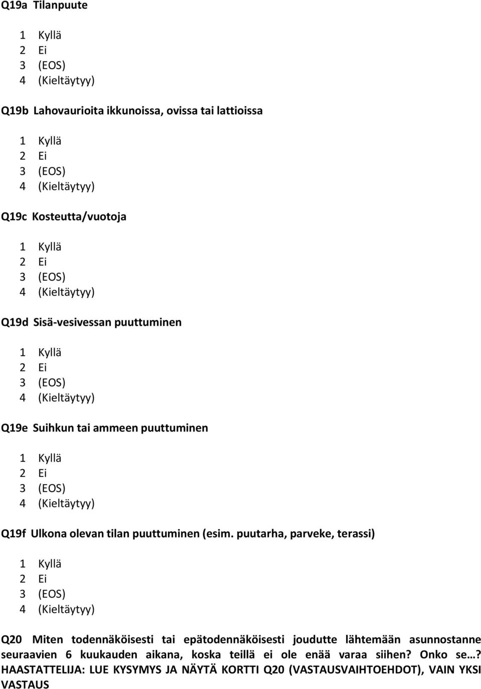 puutarha, parveke, terassi) 1 Kyllä 2 Ei Q20 Miten todennäköisesti tai epätodennäköisesti joudutte lähtemään asunnostanne seuraavien 6