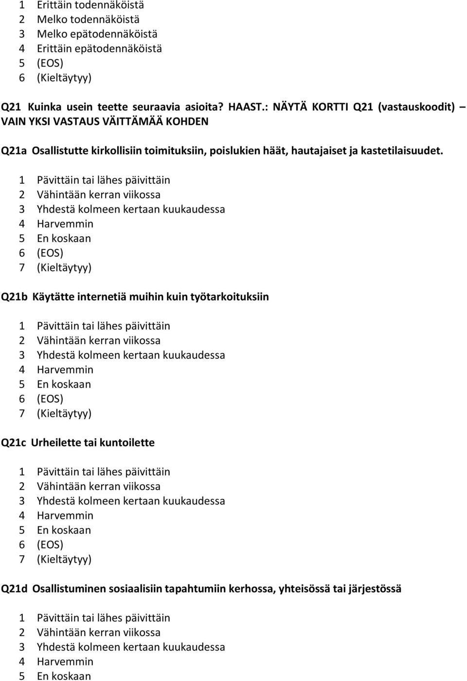 1 Pävittäin tai lähes päivittäin 2 Vähintään kerran viikossa 3 Yhdestä kolmeen kertaan kuukaudessa 4 Harvemmin 5 En koskaan 6 (EOS) 7 (Kieltäytyy) Q21b Käytätte internetiä muihin kuin