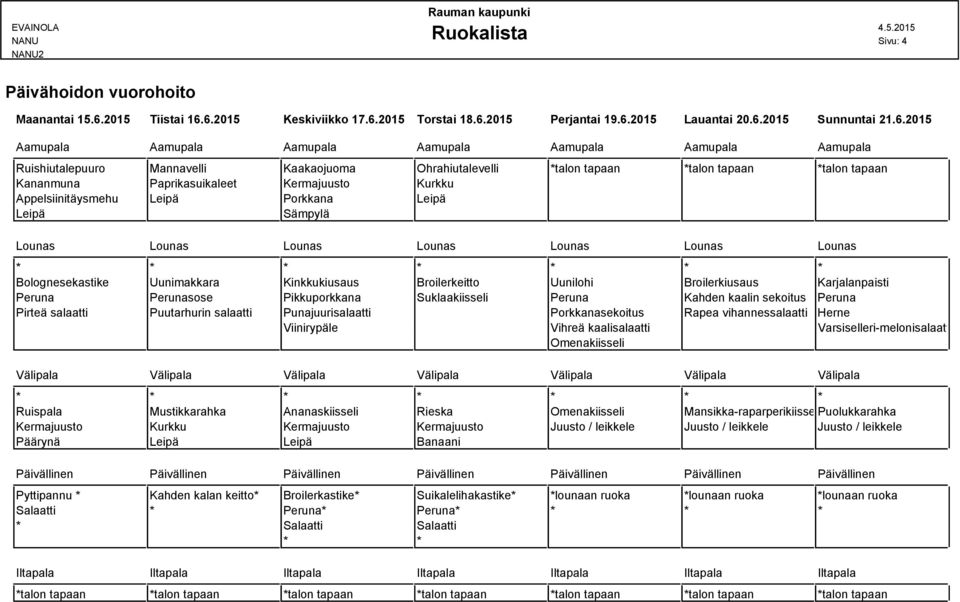 6.2015 Keskiviikko 17.6.2015 Torstai 18.6.2015 Perjantai 19.6.2015 Lauantai 20.6.2015 Sunnuntai 21.6.2015 Ruishiutalepuuro Mannavelli Kaakaojuoma Ohrahiutalevelli *talon tapaan *talon tapaan *talon