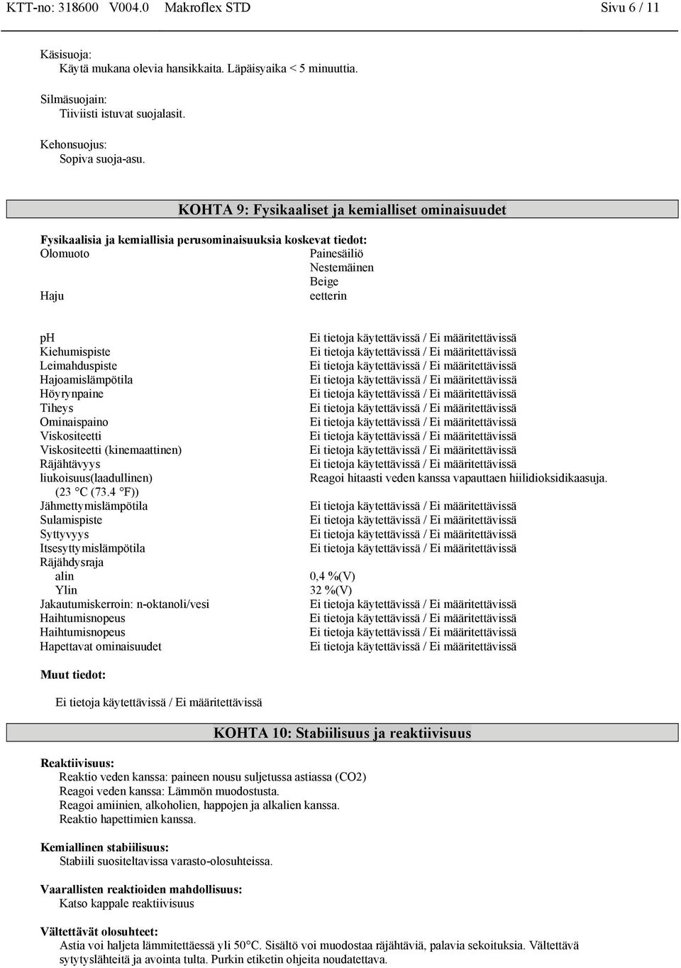 Hajoamislämpötila Höyrynpaine Tiheys Ominaispaino Viskositeetti Viskositeetti (kinemaattinen) Räjähtävyys liukoisuus(laadullinen) (23 C (73.