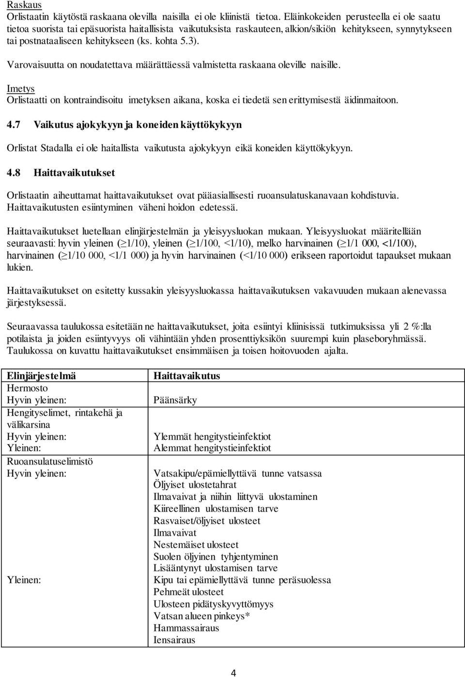 Varovaisuutta on noudatettava määrättäessä valmistetta raskaana oleville naisille. Imetys Orlistaatti on kontraindisoitu imetyksen aikana, koska ei tiedetä sen erittymisestä äidinmaitoon. 4.