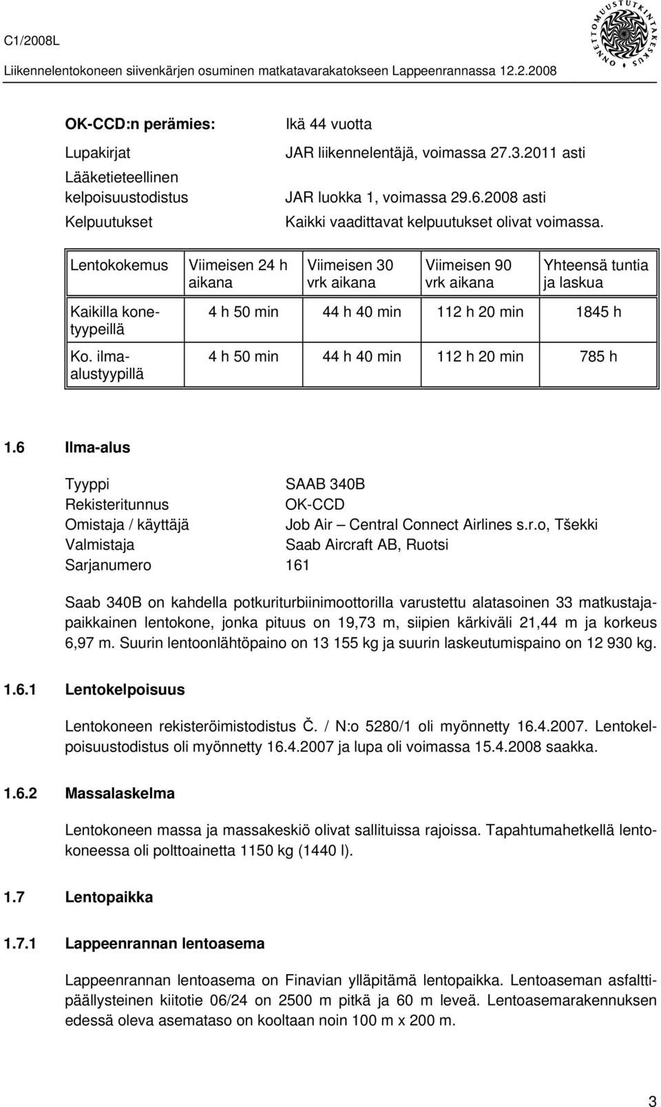 ilmaalustyypillä 4 h 50 min 44 h 40 min 112 h 20 min 1845 h 4 h 50 min 44 h 40 min 112 h 20 min 785 h 1.