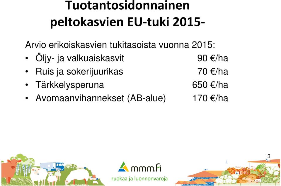 valkuaiskasvit 90 /ha Ruis ja sokerijuurikas 70 /ha