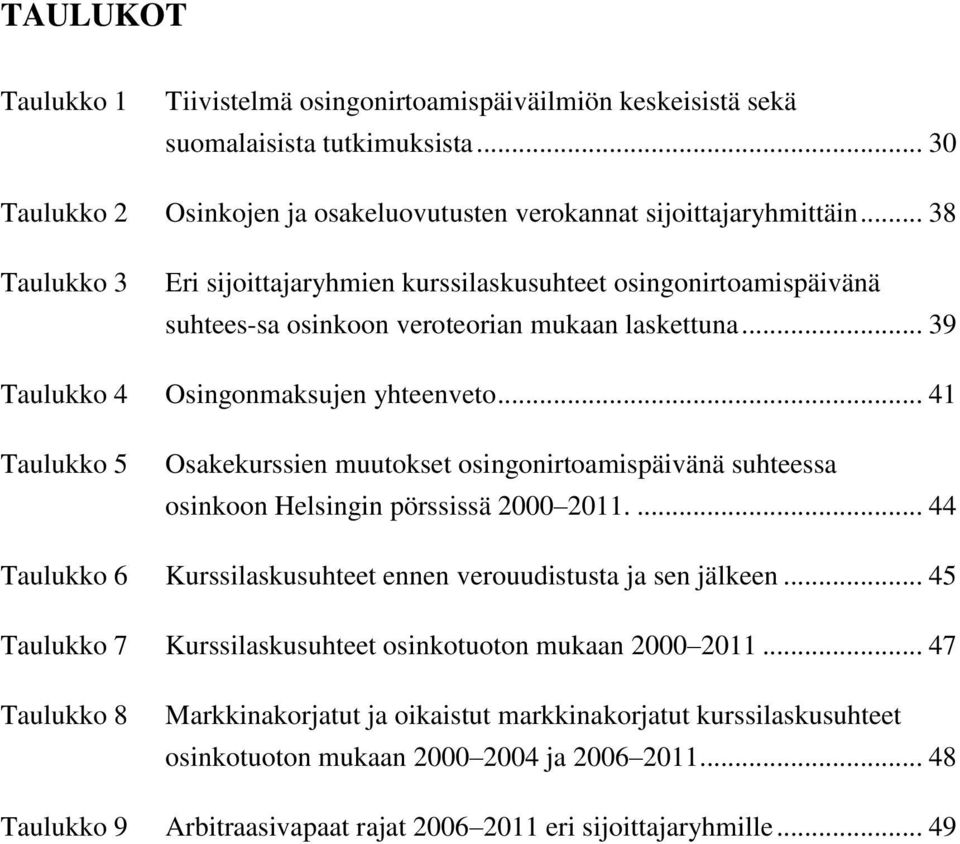 .. 41 Taulukko 5 Osakekurssien muutokset osingonirtoamispäivänä suhteessa osinkoon Helsingin pörssissä 2000 2011.... 44 Taulukko 6 Kurssilaskusuhteet ennen verouudistusta ja sen jälkeen.