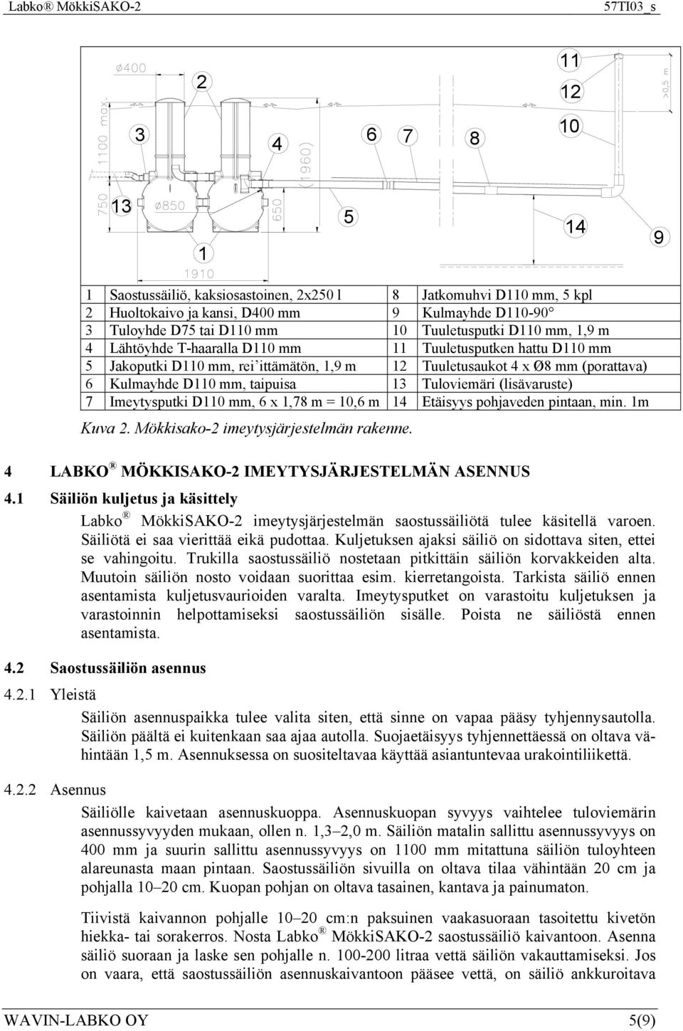 Tuloviemäri (lisävaruste) 7 Imeytysputki D110 mm, 6 x 1,78 m = 10,6 m 14 Etäisyys pohjaveden pintaan, min. 1m Kuva 2. Mökkisako-2 imeytysjärjestelmän rakenne.