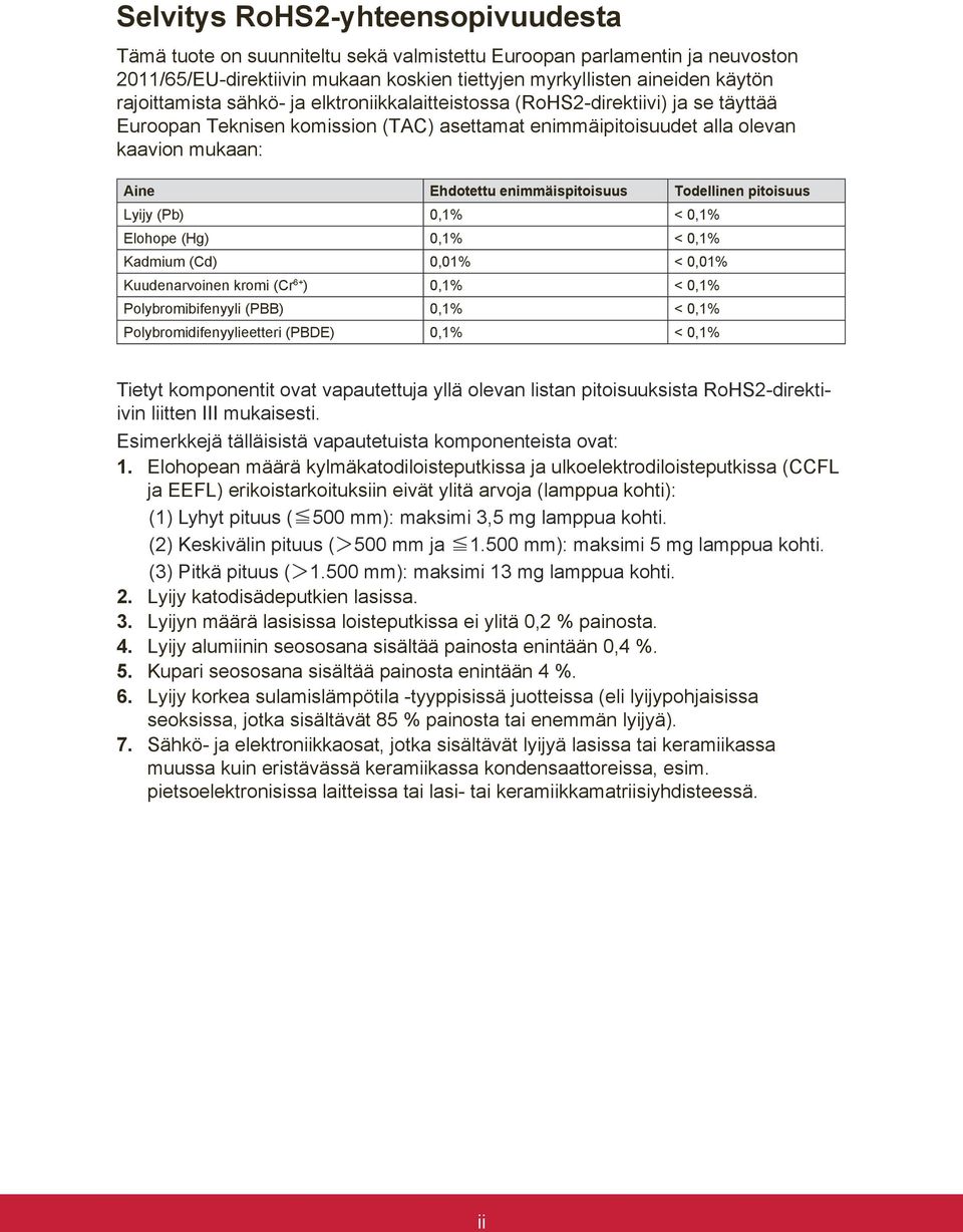 enimmäispitoisuus Todellinen pitoisuus Lyijy (Pb) 0,1% < 0,1% Elohope (Hg) 0,1% < 0,1% Kadmium (Cd) 0,01% < 0,01% Kuudenarvoinen kromi (Cr 6+ ) 0,1% < 0,1% Polybromibifenyyli (PBB) 0,1% < 0,1%