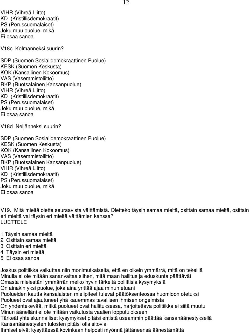 (Perussuomalaiset) Joku muu puolue, mikä V18d Neljänneksi suurin?  (Perussuomalaiset) Joku muu puolue, mikä V19. Mitä mieltä olette seuraavista väittämistä.