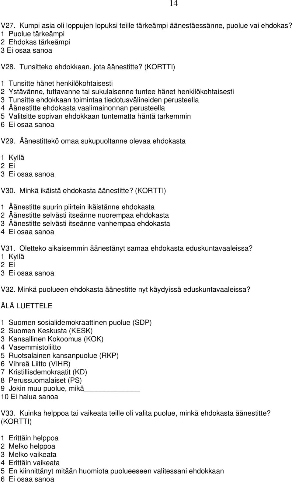 vaalimainonnan perusteella 5 Valitsitte sopivan ehdokkaan tuntematta häntä tarkemmin 6 V29. Äänestittekö omaa sukupuoltanne olevaa ehdokasta 1 Kyllä 2 Ei 3 V30. Minkä ikäistä ehdokasta äänestitte?