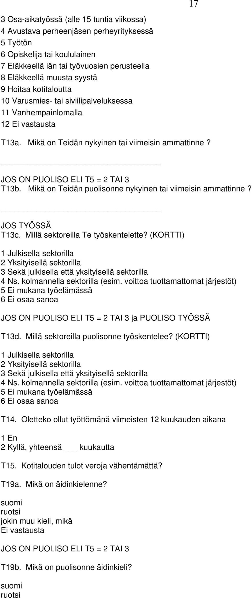 Mikä on Teidän puolisonne nykyinen tai viimeisin ammattinne? JOS TYÖSSÄ T13c. Millä sektoreilla Te työskentelette?