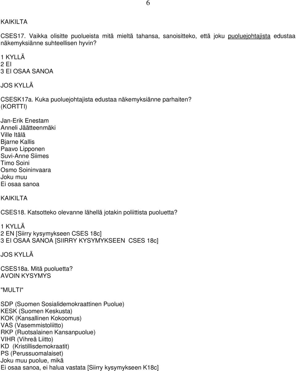 Jan-Erik Enestam Anneli Jäätteenmäki Ville Itälä Bjarne Kallis Paavo Lipponen Suvi-Anne Siimes Timo Soini Osmo Soininvaara Joku muu KAIKILTA CSES18.