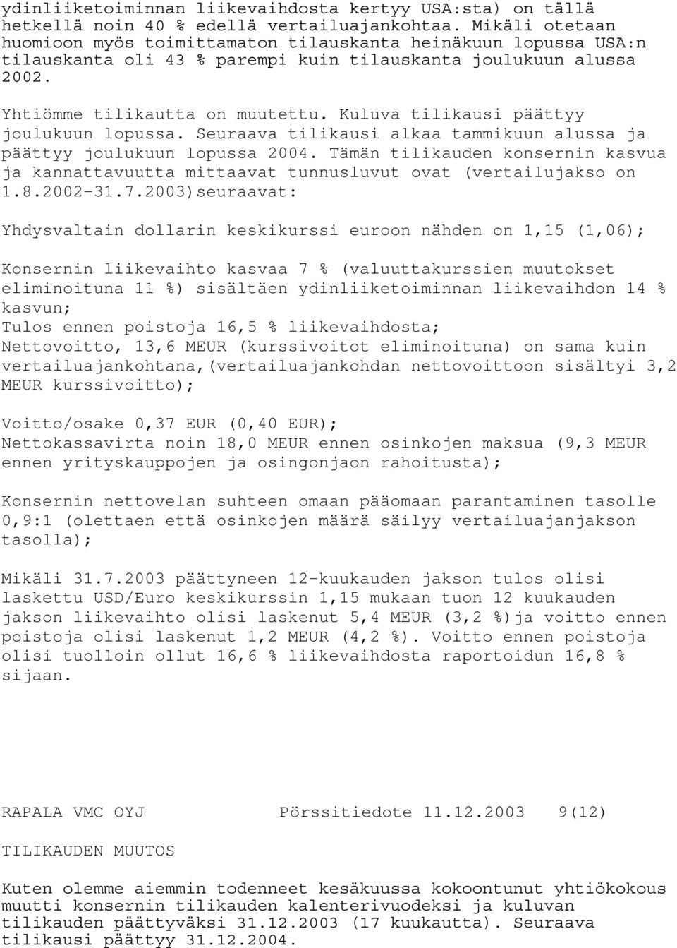 Kuluva tilikausi päättyy joulukuun lopussa. Seuraava tilikausi alkaa tammikuun alussa ja päättyy joulukuun lopussa 2004.