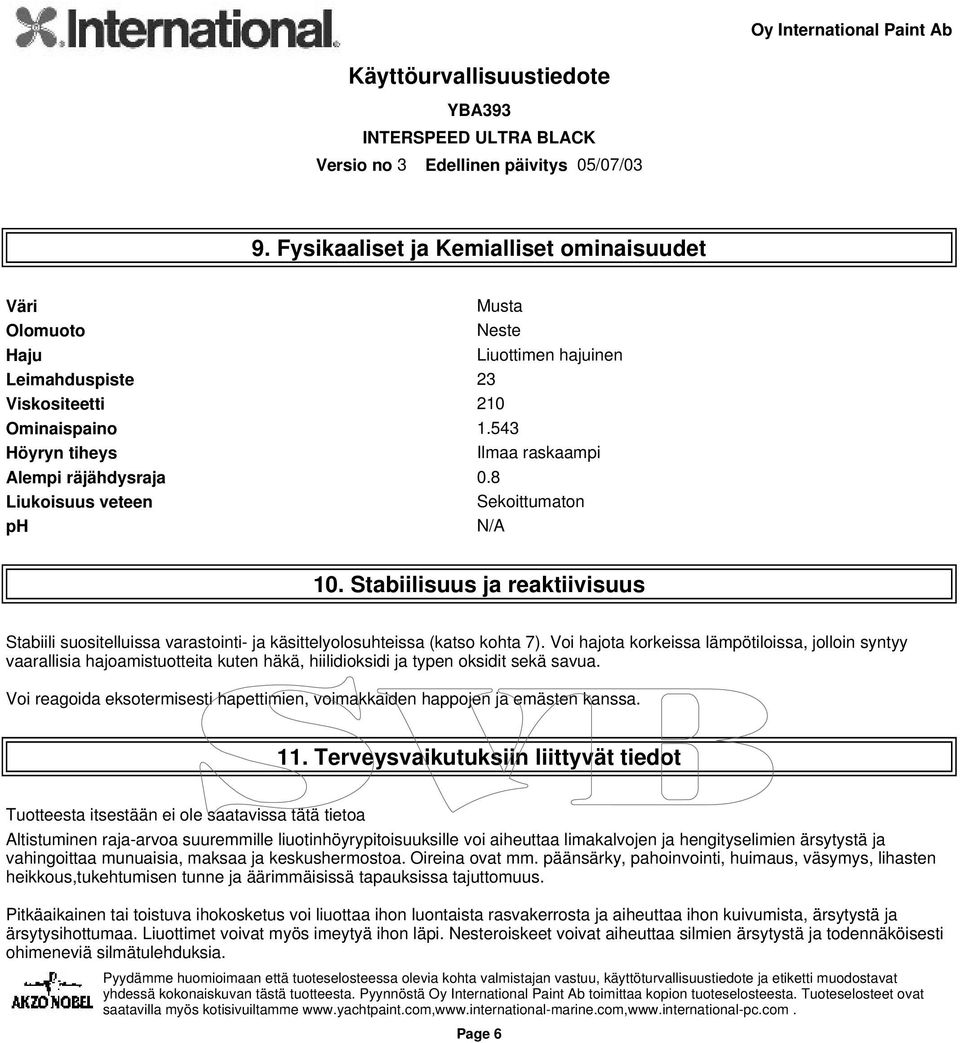 Stabiilisuus ja reaktiivisuus Stabiili suositelluissa varastointi- ja käsittelyolosuhteissa (katso kohta 7).