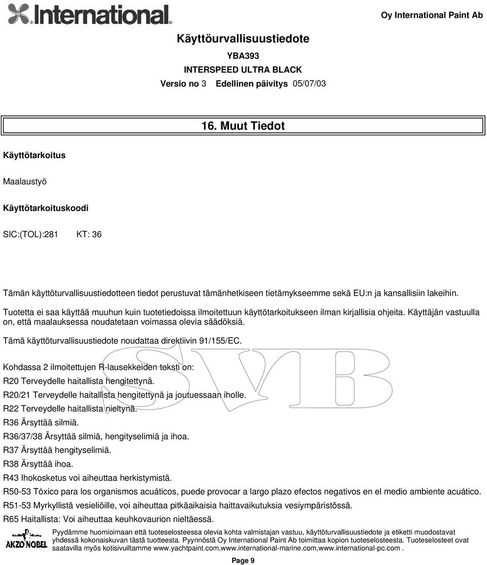 Käyttäjän vastuulla on, että maalauksessa noudatetaan voimassa olevia säädöksiä. Tämä käyttöturvallisuustiedote noudattaa direktiivin 91/155/EC.