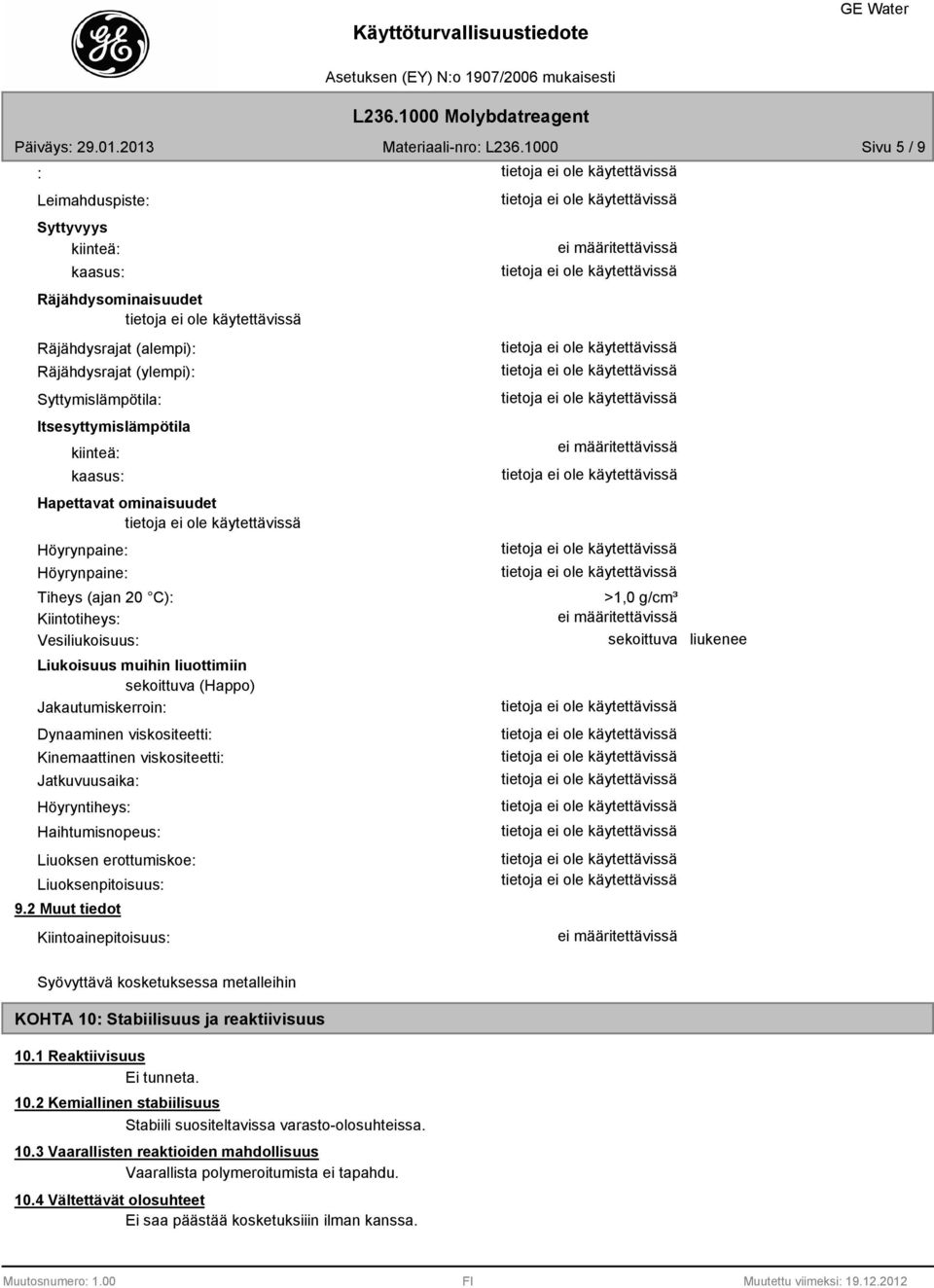 viskositeetti: Jatkuvuusaika: Höyryntiheys: Haihtumisnopeus: Liuoksen erottumiskoe: Liuoksenpitoisuus: 9.