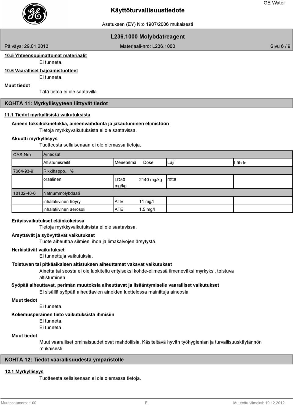 Akuutti myrkyllisyys Tuotteesta sellaisenaan ei ole olemassa tietoja. CAS-Nro. Aineosat Altistumisreitit Menetelmä Dose 7664-93-9 Rikkihappo.