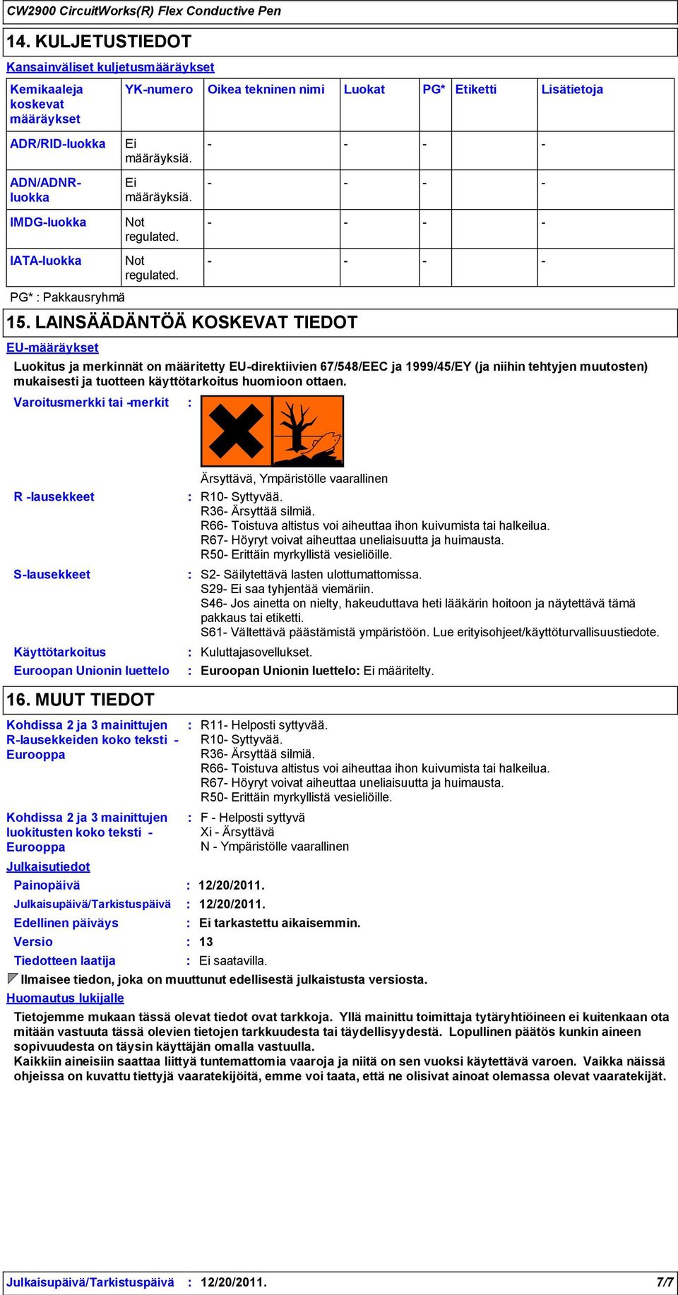 LAINSÄÄDÄNTÖÄ KOSKEVAT TIEDOT EUmääräykset Lisätietoja Luokitus ja merkinnät on määritetty EUdirektiivien 67/548/EEC ja 1999/45/EY (ja niihin tehtyjen muutosten) mukaisesti ja tuotteen