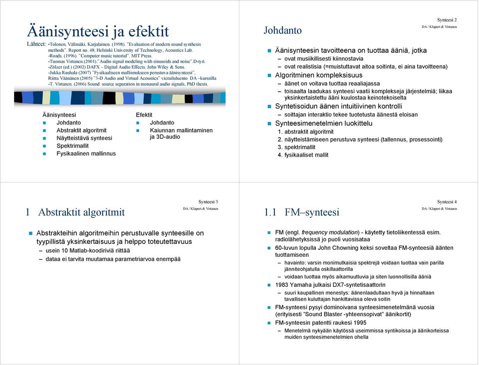 -Jukka Rauhala (2007) Fysikaalisee malliuksee perustuva ääisyteesi, Riitta Väääe (2005) 3-D Audio ad Virtual Acoustics vierailulueto DA kurssilla -T. Virtae.