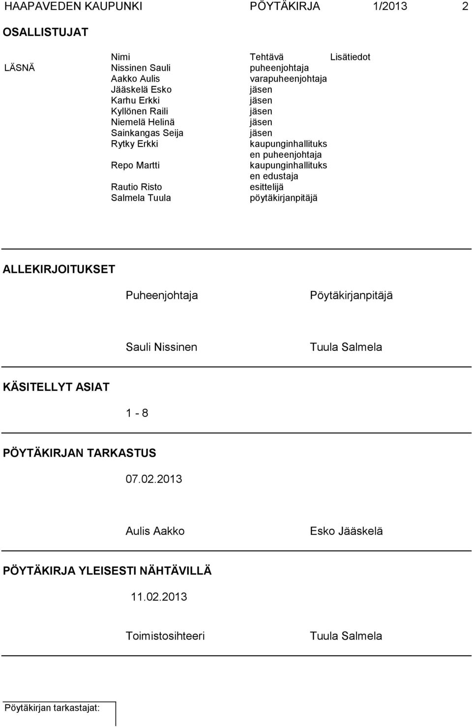 kaupunginhallituks en edustaja Rautio Risto esittelijä Salmela Tuula pöytäkirjanpitäjä ALLEKIRJOITUKSET Puheenjohtaja Pöytäkirjanpitäjä Sauli Nissinen