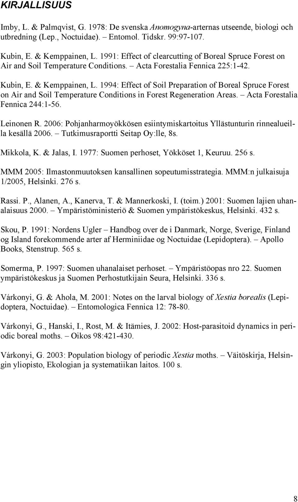 1994: Effect of Soil Preparation of Boreal Spruce Forest on Air and Soil Temperature Conditions in Forest Regeneration Areas. Acta Forestalia Fennica 244:1-56. Leinonen R.