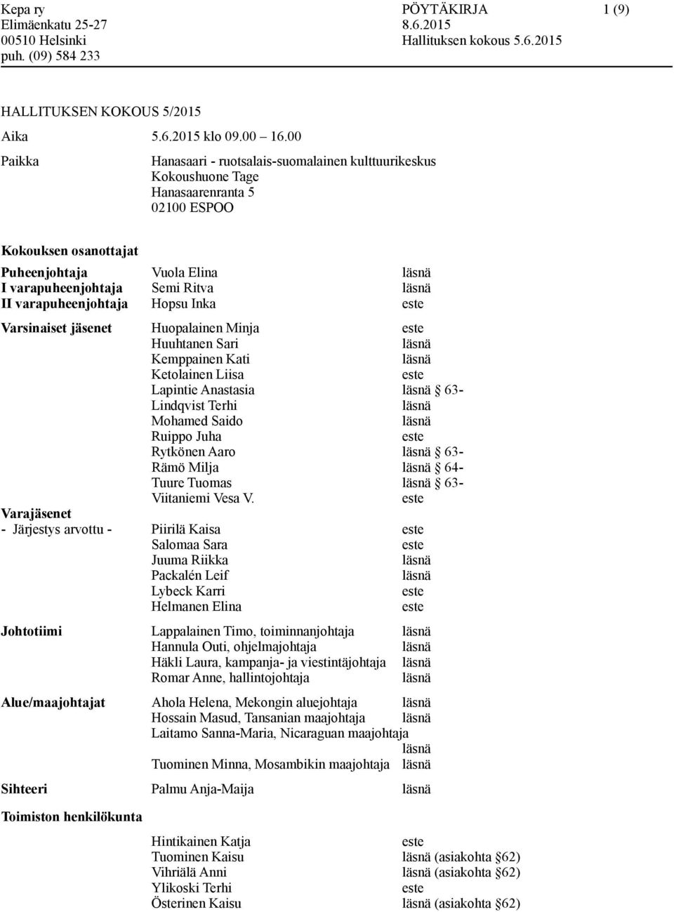 varapuheenjohtaja Hopsu Inka Varsinaiset jäsenet Huopalainen Minja Huuhtanen Sari Kemppainen Kati Ketolainen Liisa Lapintie Anastasia 63- Lindqvist Terhi Mohamed Saido Ruippo Juha Rytkönen Aaro 63-