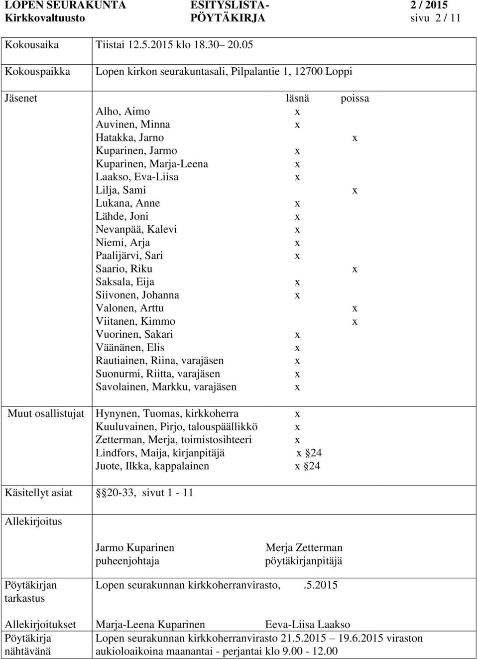 Anne Lähde, Joni Nevanpää, Kalevi Niemi, Arja Paalijärvi, Sari Saario, Riku Saksala, Eija Siivonen, Johanna Valonen, Arttu Viitanen, Kimmo Vuorinen, Sakari Väänänen, Elis Rautiainen, Riina, varajäsen