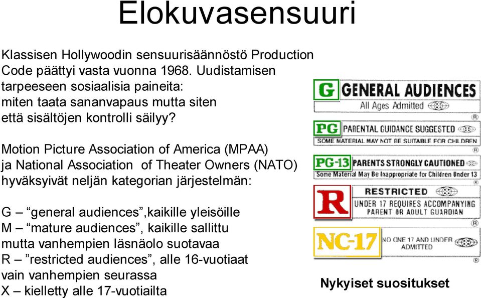 Motion Picture Association of America (MPAA) ja National Association of Theater Owners (NATO) hyväksyivät neljän kategorian järjestelmän: G