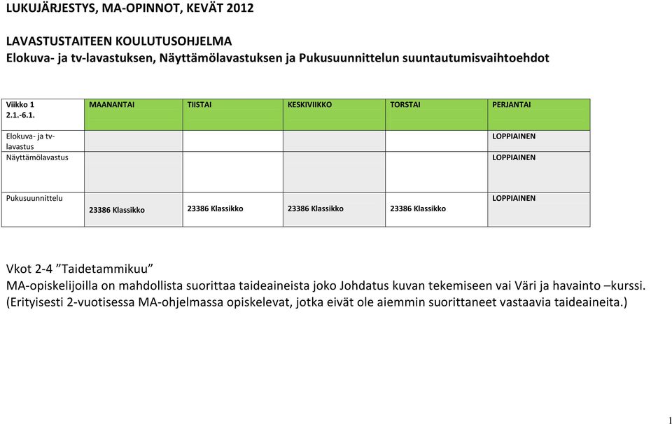 2.1.-6.1. LOPPIAINEN LOPPIAINEN LOPPIAINEN Vkot 2-4 Taidetammikuu MA-opiskelijoilla on mahdollista suorittaa