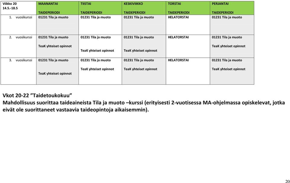 vuosikurssi HELATORSTAI Vkot 20-22 Taidetoukokuu Mahdollisuus suorittaa taideaineista