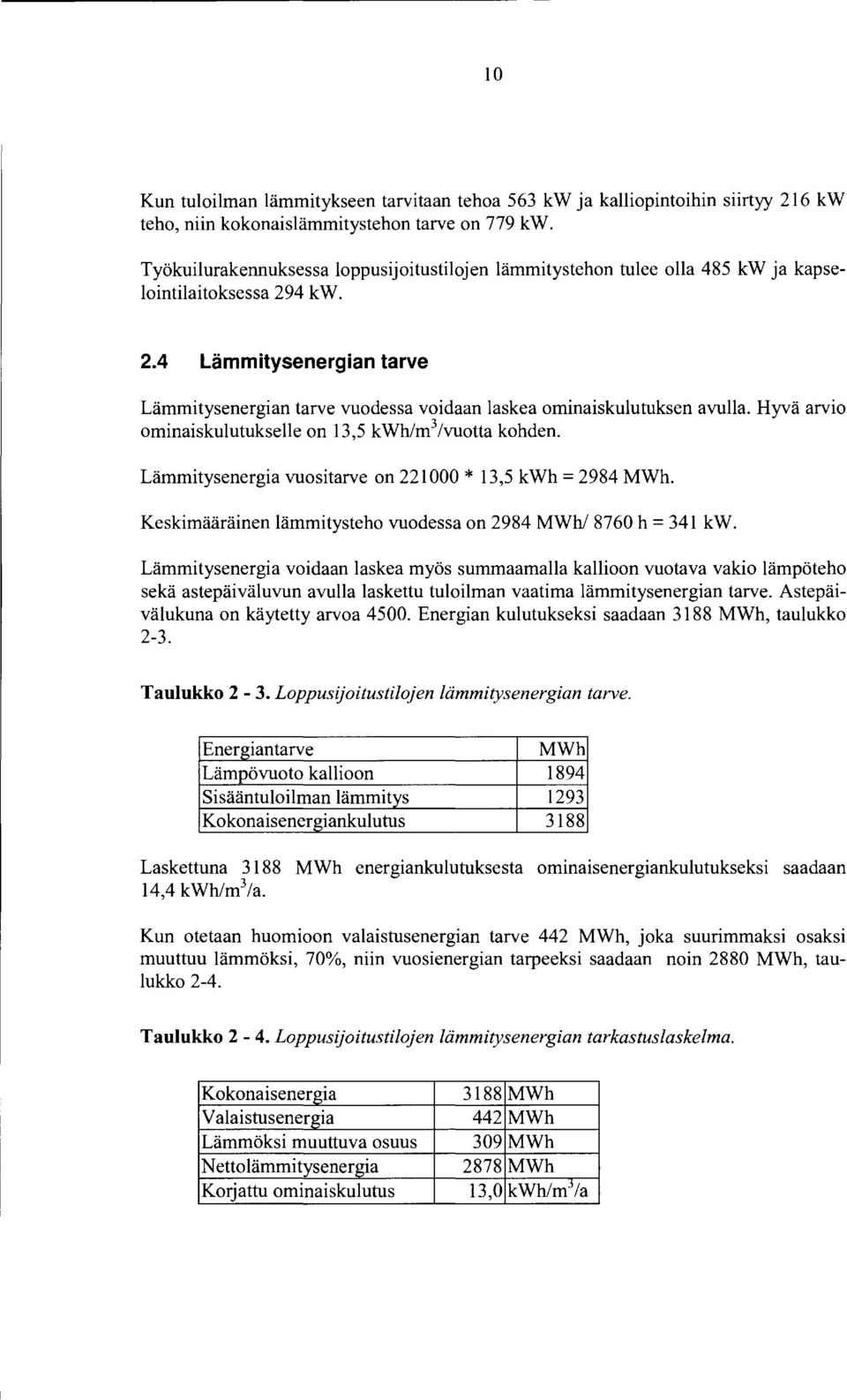 Hyvä arvio ominaiskulutukselle on 13,5 kwhlm 3 /vuotta kohden. Lämmitysenergia vuositarve on 221000 * 13,5 kwh = 2984 MWh. Keskimääräinen lämmitysteho vuodessa on 2984 MWh/8760 h = 341 kw.