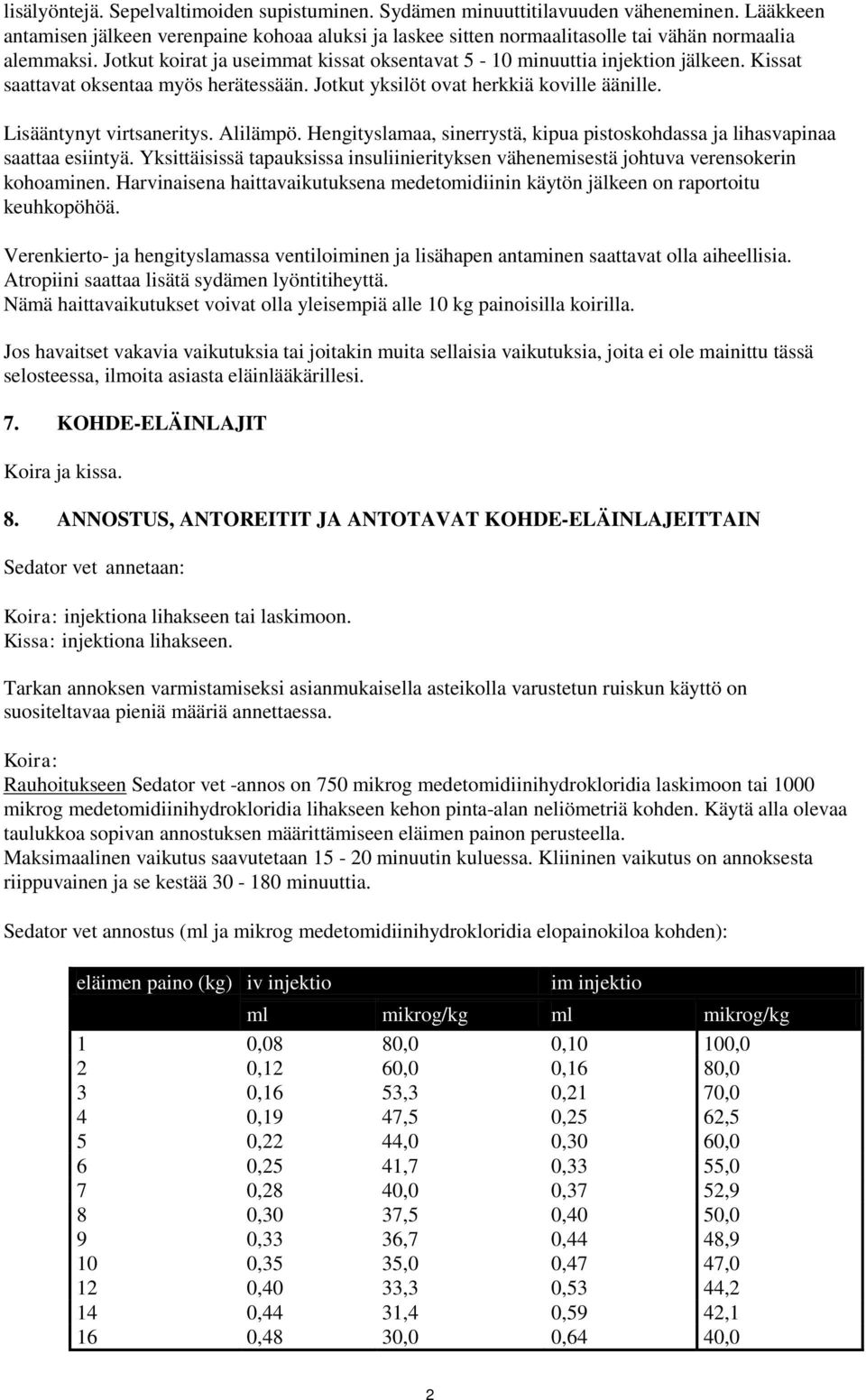 Alilämpö. Hengityslamaa, sinerrystä, kipua pistoskohdassa ja lihasvapinaa saattaa esiintyä. Yksittäisissä tapauksissa insuliinierityksen vähenemisestä johtuva verensokerin kohoaminen.