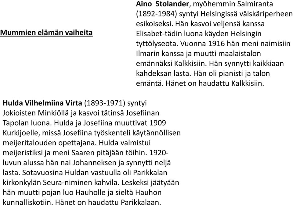 Hulda Vilhelmiina Virta (1893-1971) syntyi Jokioisten Minkiöllä ja kasvoi tätinsä Josefiinan Tapolan luona.